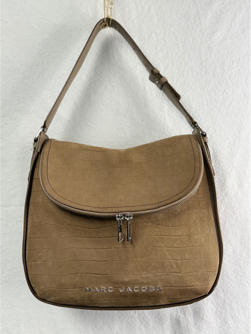 Marc Jacobs Beige Leather Shoulder Bag with Croc-Embossed Flap